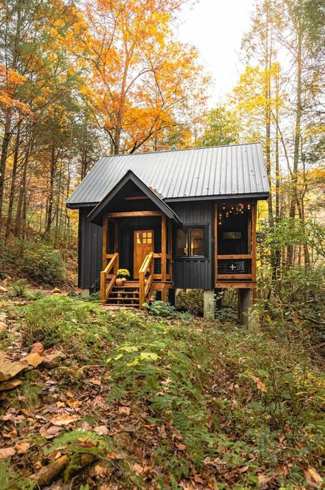 Creekside Tiny House, Small Cabin Front Porch Ideas, Tiny Homes In The Woods, Small Cabin Airbnb, Small Homes In The Woods, Small Cabin Cottage, Small Cabin Airbnb Ideas, Tiny Cabin Exterior Ideas, Cute Cabins In The Woods