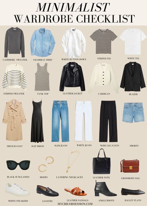 Minimalist Wardrobe Checklist: The Essentials for a Functional, Timeless Wardrobe - MY CHIC OBSESSION French Clothing Brands, Chic Capsule Wardrobe, Minimalist Wardrobe Essentials, Wardrobe Checklist, Minimalist Wardrobe Capsule, Capsule Wardrobe Checklist, Capsule Wardrobe Women, Capsule Wardrobe Casual, How To Look Expensive