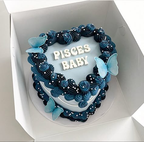 Blue heart shaped birthday cake with blue icing and butterflies Pisces Season Cake, Torte Blu, Heart Shaped Birthday Cake, Heart Birthday Cake, Blue Birthday Cakes, Pisces Birthday, Vintage Birthday Cakes, 21st Birthday Cakes, Heart Cakes