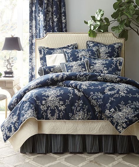 Toile Bedding for 2021 | Comforters & Quilts and Duvet Covers Toile Comforter, Blue Floral Bedding, Blue Quilt Bedding, Tan Headboard, Blue And White Comforter, Blue And White Bedding, Toile Bedding, French Country Bedding, Beautiful Bedroom Colors