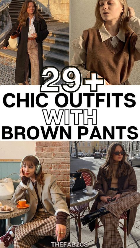 Wondering what to wear with brown pants?! These outfits with brown pants are TOO good! I am obsessed with these stunning chic outfit ideas for brown pants for women. Whether casual or for the office, this is a STUNNING look. How To Style Brown Wide Leg Trousers, Brown And White Pants Outfit, Tan Trousers Outfit Work, Plaid Pants Outfit Women Work, Work Outfits Brown Pants, Brown Crop Pants Outfit, Brown Heels Work Outfit, Coffee Brown Outfit Women, Brown Plaid Pants Outfit Work