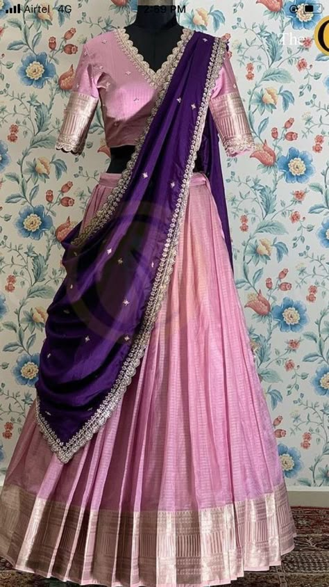 Half Saree Designs Simple, Traditional Half Saree Designs, Traditional Half Saree, Long Skirt Top Designs, Dress Designs For Stitching, Simple Frock, Lehenga Saree Design, Simple Frock Design, Blouse Designs Pattern