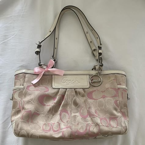 Coach Pink Monogram Shoulder Bag... - Depop Coach Handbags Aesthetic, Pink Vintage Coach Bag, Vintage Luxury Bag, Vintage Coach Bags Outfits Style, Pink Coach Bags, Y2k Coach Bag, Junk Purse, Coach Bags Vintage, Old Coach Bags