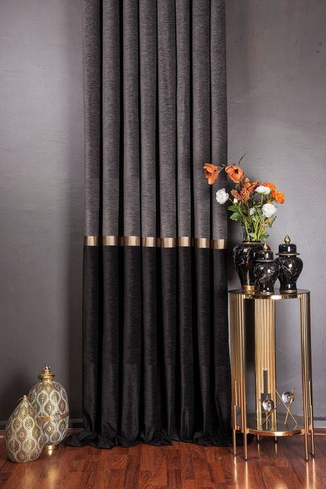 ExclusiveShopByEnes - Etsy Luxury Drapes Living Rooms, Statement Curtains Living Room, Dark Curtains Living Room, Black Gold Curtains, Black Curtains Living Room, Black And Gold Curtains, Grey Curtains Living Room, Dark Grey Curtains, Fraternity House