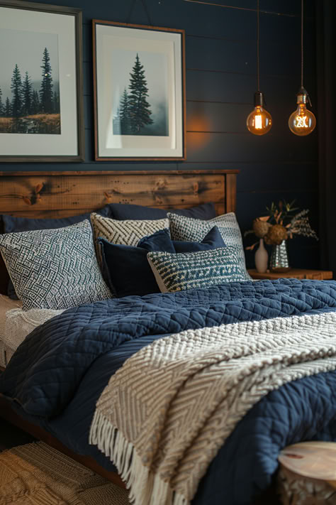 mens home decor, men's bedrooms, bedroom ideas, dark bedroom, young males bedroom Modern Farmhouse Bedroom, Mens Bedroom, Bedroom Redo, Bedroom Remodel, Bedrooms Decor, Bedroom Refresh, Primary Bedroom, Master Bedrooms Decor, Blue Bedroom