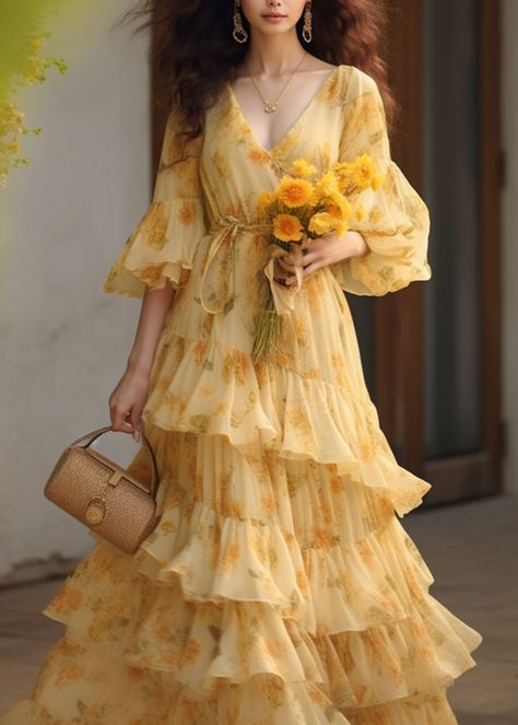 Princess Style Outfits, Marriage Party Dress, Aesthetic Frocks, Kinds Of Sleeves, Prewed Casual, Yellow Chiffon Dress, Grown Women Outfits, Daman Design, Trip To Dubai