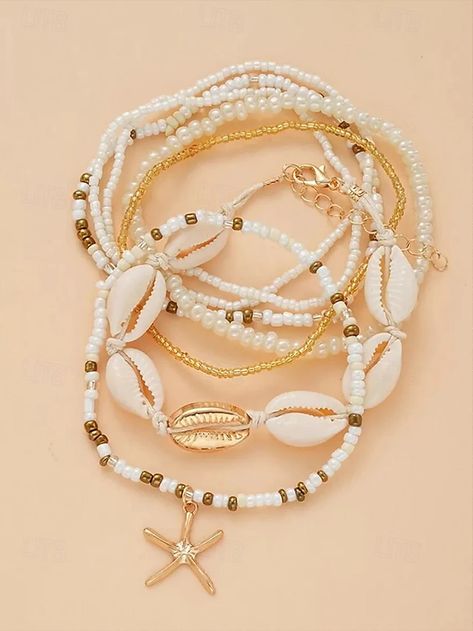 Conjunto de tobilleras de playa boho para mujer: diseño de múltiples capas de conchas y cuentas con dije de estrella de mar, perfecto para verano, vacaciones y ropa de playa 2025 - $7.99 Beach Anklets, Bracelet Online, Boho Beach, Multi Layering, Starfish, Womens Bracelets, Anklets, Shells, Design