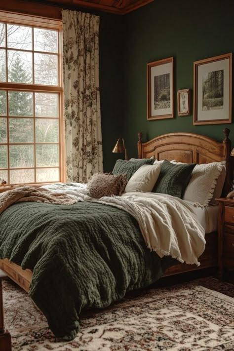 Soft Green Bedroom Aesthetic, Deep Forest Green Bedroom, Forest Green Bedding Bedroom Ideas, Green Bedspread Room Ideas, Soft Cozy Bedroom Aesthetic, Green Bed Aesthetic, Emerald Green Aesthetic Bedroom, Bedroom Ideas Forest, Green Boho Bedding