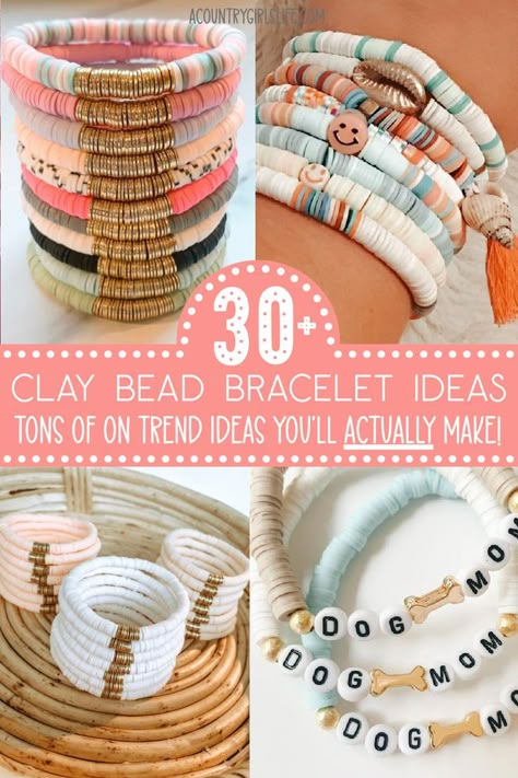 Looking for unique Clay Bead Bracelet Ideas? Check out our CUTE list of ideas and inspiration! You'll find summer themed bracelets, beach themed bracelets, preppy style bracelets and even DISNEY bracelets! We have ideas for beginners all the way up to seasoned beaders! We cover EVERY skill level! Letter Bracelet Beads Ideas Diy, Easy Clay Bracelet Ideas, Trendy Bracelets Diy, Trendy Clay Bead Bracelets, Clay Bead Pattern Ideas, Diy Heishi Bead Bracelet Tutorial, Diy Glass Bead Bracelet Ideas, Diy Clay Bead Bracelet, Beaded Friendship Bracelet Ideas