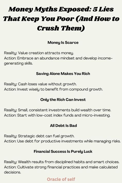 Ready to debunk some of the most common financial myths? This pin exposes five lies that can keep you from achieving financial success and offers actionable steps to crush these misconceptions. From embracing an abundance mindset to investing wisely and cultivating strong financial practices, these truths will help you navigate the path to wealth. Discover how to transform your financial future by understanding the realities behind these myths. Money Worries, Abundance Mindset, Attract Money, Wealth Building, Budgeting Tips, Financial Success, Budgeting, The Way, Money