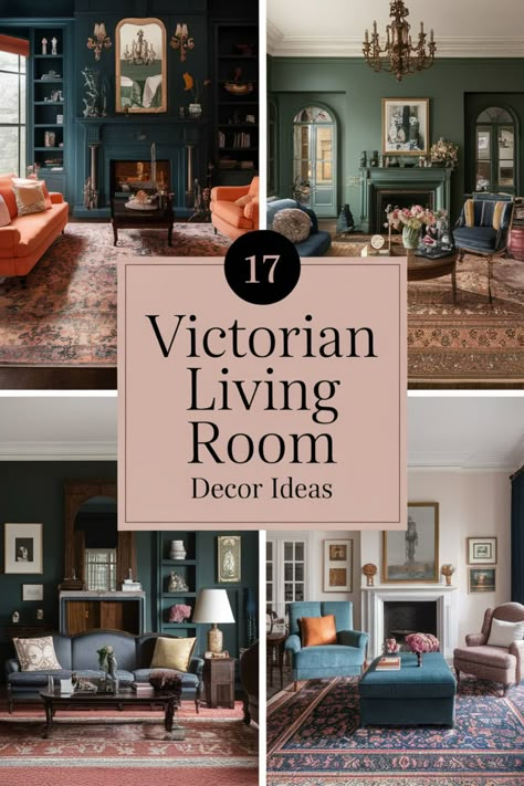 Collage of Victorian living room decor ideas with vintage furniture and ornate rugs. Small Modern Victorian Living Room, Living Room Victorian House Modern, Maximalist Decor Victorian, Living Room British Style, Mid Century And Victorian, Elegant House Interior Victorian, Modern Victorian Living Room Ideas, Modern Victorian Homes Interior Ideas Living Room, Period Living Room Ideas