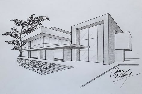 Architecture Drawing One Point Perspective, Sketch Of A Building, 1 Point Perspective Architecture, Architectural House Sketch, Building Drawing Perspective, Drawing Ideas House Sketch, Sketch Ideas House, Two Perspective Drawing Buildings, House Perspective Architecture