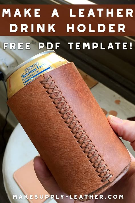 Want to make a leather drink or beer can holder? Check out this FREE PDF template and build along video. Leather Koozie, Leather Patterns Templates, Diy Leather Working, Handmade Leather Work, Leather Working Projects, Leather Craft Ideas, Leather Tutorial, Leather Working Patterns, Leather Tooling Patterns