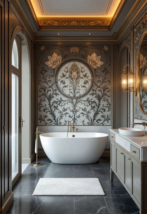 Vintage Modern Bathroom Vintage Washroom Design, Baroque Bathroom Ideas, Elegant Bathroom Ideas Luxury, Modern Romantic Interior Design, Classic Washroom Design, Luxury Vintage Bathroom, Art Nouveau Bathroom Ideas, Elegant Bathroom Design Luxury Bath, French Chateau Bathroom