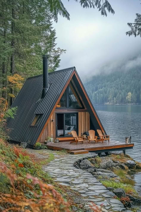 Cabins In Switzerland, Small House In The Woods Tiny Cabins, Tiny Homes Outside, Minimalist A Frame House, A Frame Color Schemes, Glass Cottage Cabins, Cabin The Woods, Tiny Home In The Mountains, Small House Design Cottage