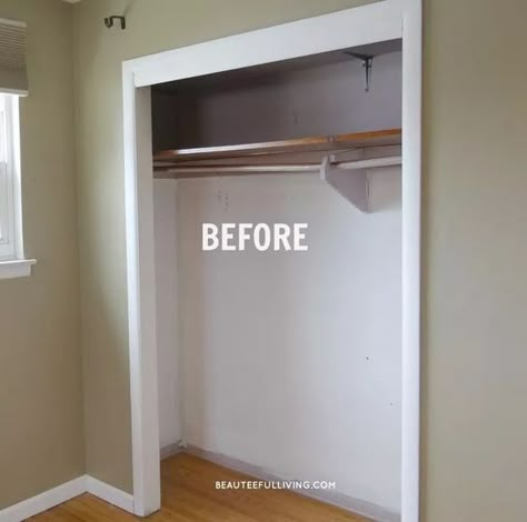 Before I had my bedroom closet updated, I thought having a "walk-in" closet was the only way my husband and I could share a closet. Turned out, we just needed a more efficient storage solution. Our old closet was a typical "reach in" closet that you would see in older homes. Here's how it looked after we emptied all contents out. It was a sad state of affairs with that old, single closet rod.     I’ve always thought the small sections of wall that cover our closet to be such a waste of s… Making Closet Opening Bigger, Redo Small Closet Space, Wall Closet Conversion, Wall Organization Bedroom, Upper Closet Storage Ideas, Above Closet Storage, Builder Grade Closet Makeover, Open Closet In Bedroom Small Spaces, Closet Before And After