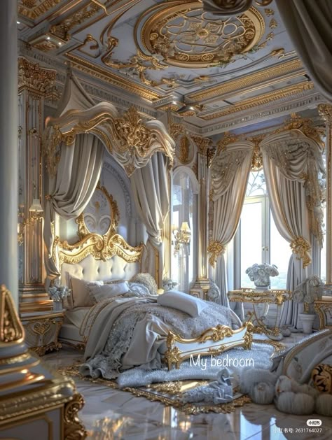 White Gothic Interior, بيوت ملكية, Rococo Interior Design, Dark Blue Bedrooms, Fancy Bedroom, Royal Room, Lake House Bedroom, Castle Bedroom, Royal Bedroom