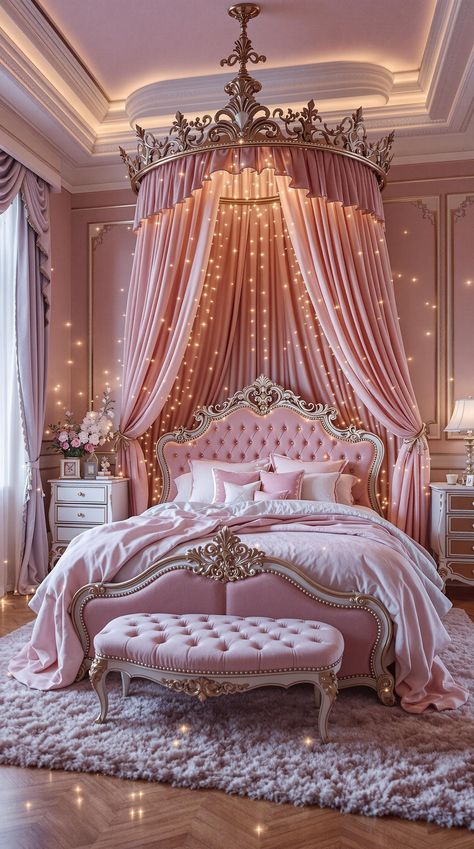 Boho Bedroom Ideas for Kids Princess Bed With Canopy, Princess Bedrooms Royal, Girly Pink Bedroom Princesses, Royal Bedroom Princesses, Princess Bedroom Ideas For Kids, Pink Royal Bedroom, Princess Bedroom Ideas Toddler, Disney Princess Bedroom Ideas, Princess Bedroom Aesthetic