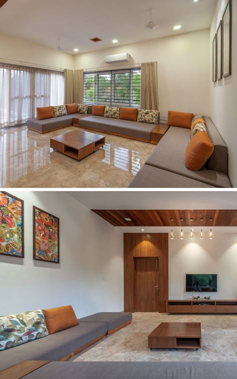 Contemporary House With a Simple Layout -family room -living room Living Room Designs Indian, House Styling Interior, Contemporary Living Room Design, House Styling, Indian Home Interior, Indian Home Design, Hall Interior Design, Interior Design Per La Casa, Industrial Living