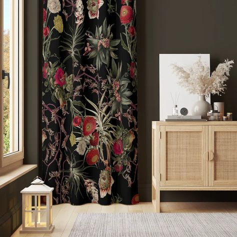 Red Flowers on Black Window Curtain C1060 Floral Curtain, Decorative Curtains, Opaque Window Curtains, Blackout Curtains, Curtain Panels - Etsy Luxury Window Curtains, Room Decor Luxury, Black Window, Curtains Blackout, Curtain Room, Black Windows, Decorative Curtains, Black Curtains, Decor Luxury