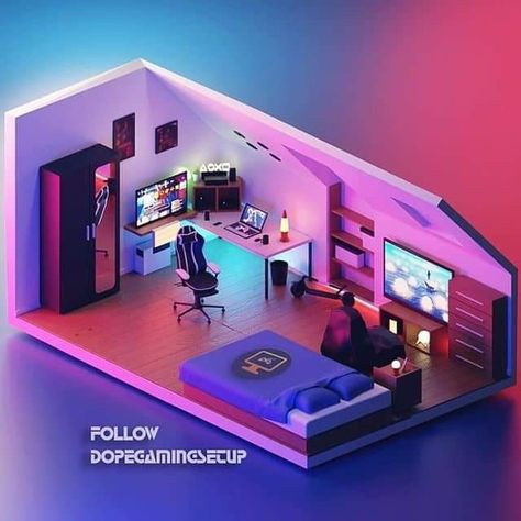 Isometric Rooms, 3d Room Design, Isometric Room, Small Game Rooms, Gaming Bedroom, Gaming Room Ideas, Computer Gaming Room, 3d Room, Gaming Rooms