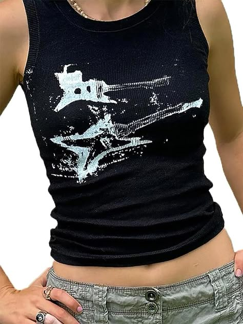 Grunge Crop Top, Women Grunge, Guitar Print, Tank Top Y2k, Estilo Harajuku, Fashion Vest, Street Y2k, Street Outfits, Y2k Casual