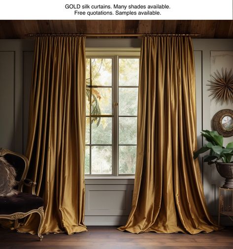 FABRIC SAMPLE - GOLD REAL SILK FOR MTM WINDOW CURTAINS. DOOR. DRAPES, BAY, PATIO Window Treatments Bay Window, Bay Window Drapes, Tall Window Treatments, Curtains Pinch Pleat, Door Drapes, Curtains Door, Deco Room, Curtains Fabric, Curtains Blackout