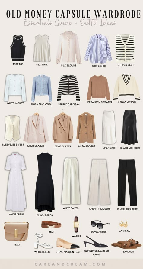 Looking to create an old money capsule wardrobe? Our essentials guide has you covered! Learn how to look old money and achieve the timeless old money aesthetic. This guide also includes old money outfit ideas. Plus: quiet luxury capsule wardrobe, old money wardrobe essentials women, old money aesthetic women, old money aesthetic outfits, timeless capsule wardrobe, old money closet essentials. May Outfits Casual Classy, Old Money Wardrobe Essentials, Old Money Capsule Wardrobe, Old Money Wardrobe, Elegantes Outfit Damen, Old Money Look, French Minimalist, Capsule Wardrobe Women, Capsule Wardrobe Casual