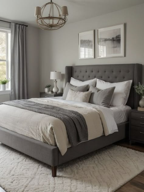 Cream And Grey Bedroom, Grey Room Ideas Bedroom, Grey Room Ideas, Gray Upholstered Headboard, Taupe Bedroom, Gray Bedroom Walls, Grey Bed Frame, Grey Bedroom Decor, Grey Bed