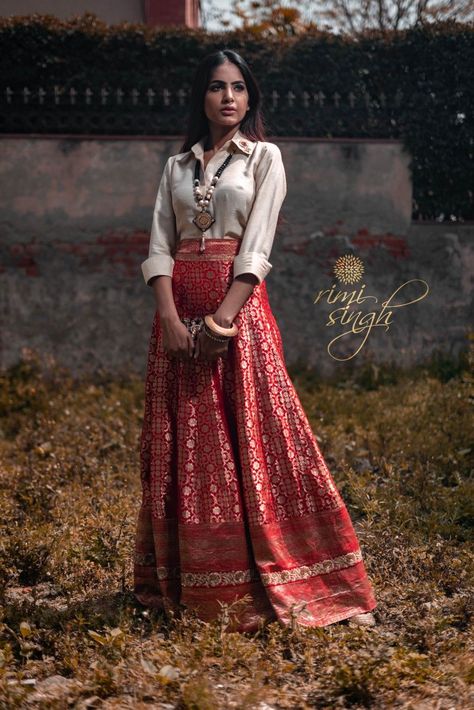 Banarasi Skirt Outfit, Silk Shirt Skirt Outfit, Shirt Collar Blouse Designs For Lehenga, Banarasi Skirt With Shirt, Long Skirt Shirt Outfit, White Shirt And Long Skirt Outfit, Long Skirt With Shirt Fashion, Skirt Shirt Indian Outfit, Silk Shirt And Skirt Outfit