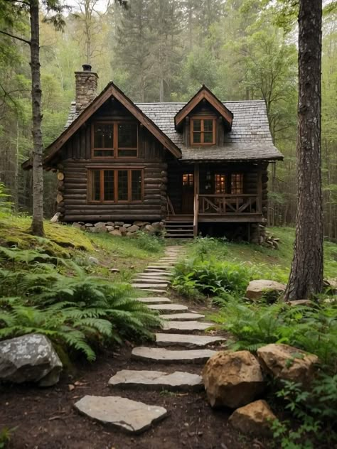 Woodland House Exterior, Small Cottage Cabin, Homes In The Forest, Woodland Cabin, Washington Cabin, Cozy Cabin Exterior, Cabin Landscaping, Cottage In Woods, Log Cabin In Forest