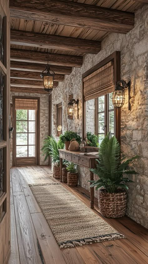 Rustic Hallway Design Ideas: Stunning Inspirations to Transform Your Space - Remodr Hallway Design Ideas, Brick Archway, Rustic Hallway, Rustic Entryway, Hallway Design, Stone Walls, Stone House, Rustic Interiors, House Entrance