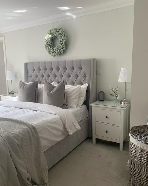 30 Grey Bedroom Ideas for a Trendy and Relaxing Retreat | Design Inspo - placeideal.com Grey Bed Frame Color Scheme, Grey Main Bedroom Ideas, Bedroom Light Grey Bed, Cream And Gray Bedroom Ideas, Small Bedroom Ideas Grey Bed, Grey Bed Beige Walls, Light Grey Bedframe Room Ideas, Light Gray Room Bedroom Ideas, Grey Furniture Bedroom Ideas