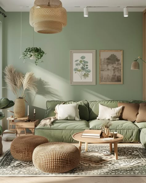 Mint Green And Beige Living Room, Boho Green Living Room, Jade Green Living Room, Green Color Living Room, Living Room Inspiration Green, Green Living Room Aesthetic, Sage Green Couch, Light Green Living Room, Sage Green Living Room Ideas