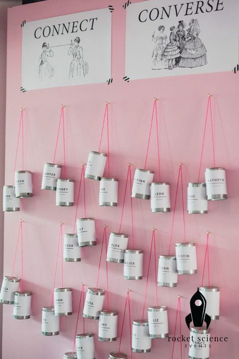 Interactive Escort Card Seating Display. Find more on this small business dinner event at The Coven event venue in Minneapolis, MN featuring pastel color decor, one flower floral design, interactive event installations, unique ice breakers for guests, black chairs & place settings - planned & designed by Rocket Science Events best wedding planners, designers & corporate events in Minneapolis, MN & beyond. Small Business Event Ideas, Interactive Stations Wedding, Interactive Walls Events, Interactive Corporate Event Ideas, Corporate Event Ideas, Business Networking Event, Corporate Event Activations, Event Space Design, Science Wedding