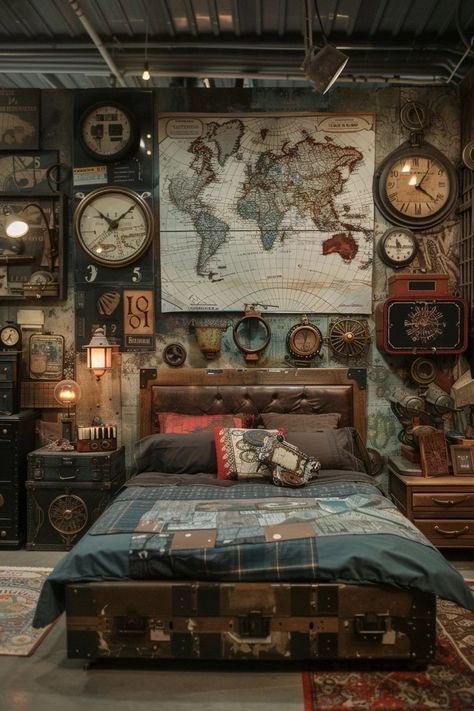 Steampunk Basement Ideas, Unique Pieces Of Furniture, Vintage Explorer Bedroom, Victorian Themed Bedroom, Vintage Explorer Aesthetic, World Bedroom Ideas, Steampunk Room Ideas, Steampunk Bedroom Decor, Steampunk Bedroom Ideas