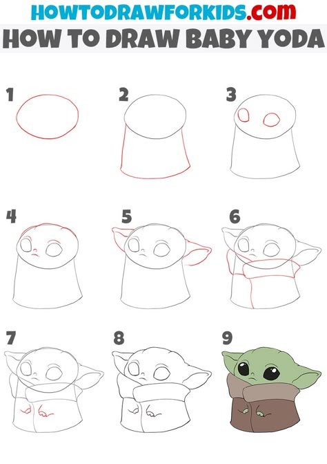 Yoda Drawing, Disney Drawing Tutorial, Easy Disney Drawings, Drawing Lessons For Kids, Drawing Tutorials For Kids, Stitch Drawing, Baby Drawing, Pola Sulam, Easy Doodle Art