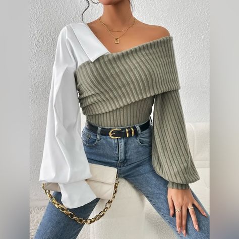 Elevate Your Wardrobe With This Chic Off-Shoulder Sweater. Featuring A Unique Olive And White Color Combination, This Piece Is Perfect For Any Occasion. Enjoy The Comfort And Style It Brings To Your Outfit. Collared Top Outfit, Lantern Sleeve Top, Modern Clothes, Really Cute Outfits, Outfits Casuales, Clothes Outfits, Classy Outfits, Pretty Outfits, Chic Outfits