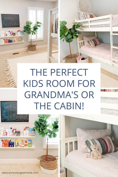 Plan a simple, small, functional bedroom for kids! This is perfect for a room at grandma's house or at the cabin. Create a cozy place to play and sleep at the grandparent's house! Grandchildren Room Ideas Bunk Bed, Small Grandkids Room, Grandmas Room Ideas, Grandchildren Room Bedrooms, Bedroom At Grandmas House, Spare Bedroom Ideas For Grandchildren, Guest Bedroom Ideas For Grandkids, Grandchild Playroom Ideas, Spare Room For Grandchildren