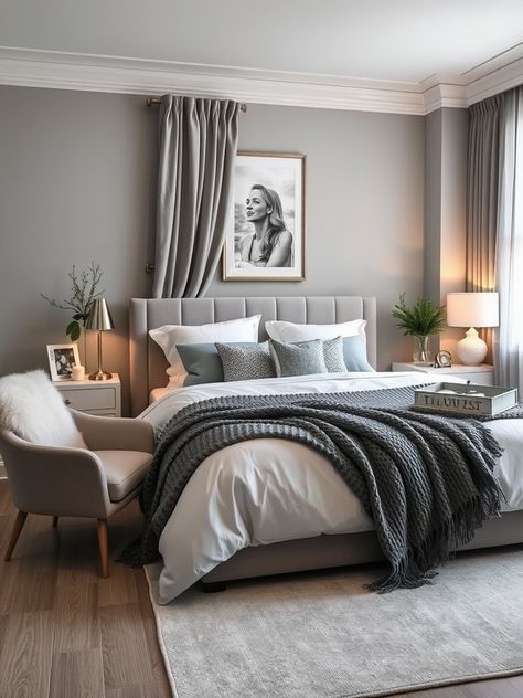 home deco ideas Luxurious Bedrooms For Men, Grey Oak Bedroom Ideas, Grey And Linen Bedroom, Dark Gray Bed Frame Room Ideas, Light Coloured Bedroom Ideas, Gray Cozy Bedroom Ideas, Bedroom Idea Grey Bed, Bedding Ideas Grey Headboard, Bedroom Inspirations Master Grey Headboard