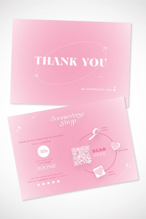 Joonieverse Shop is an online stationery store dedicated to creating beatiful products inspired by Korean boy band BTS. This pink design fits the brand's target audience, and is used as a product insert when a customer makes an order. Pink Business, Thank You Card Design, Nail Business, Small Business Packaging Ideas, Packaging Ideas Business, Business Thank You Cards, Small Business Packaging, Thanks Card, Stationery Store