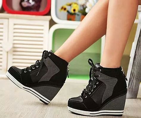 Sneaker heels? Wedged Sneakers, Sneaker High Heels, Kasut Tumit Tinggi, Sneaker Wedges, High Platform Shoes, Ankle Strap Chunky Heels, Black Wedge Shoes, Womens Black Booties, Shoes Teen