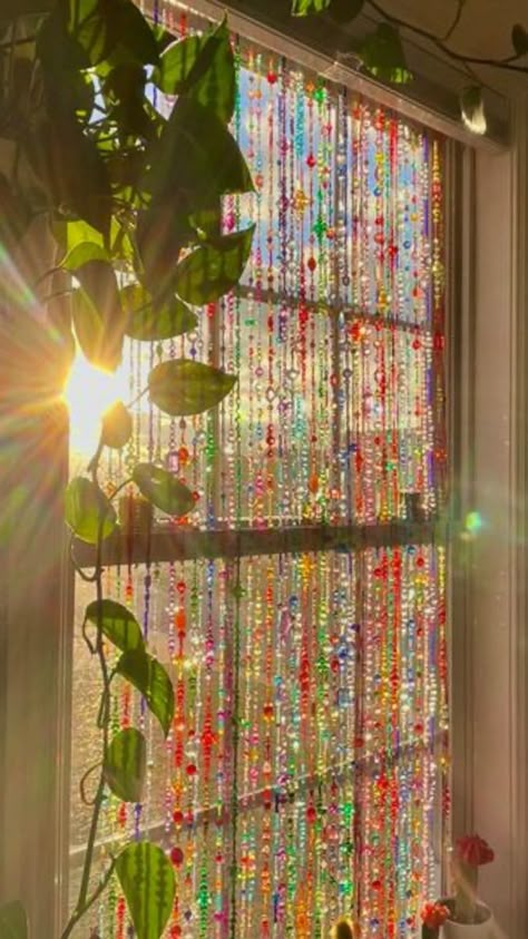 Beads On Doorway, Beaded Blinds Curtains, Diy Beaded Window Curtain, Glass Bead Window Curtain, Beaded Curtains Window Sun Catcher, Beads On Windows, Beads In Window, Diy Doorway Beads, Beaded Door Curtains Hippie