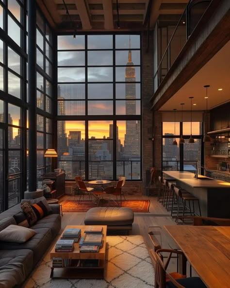 New York Apartments Interior, New York Loft Living Room, Coffee Area Living Room, New York City Interior Design, Loft Home Ideas, Apartment Interior New York, New York Living Room Apartment, Apartments In New York City, City Apartment Interior Design