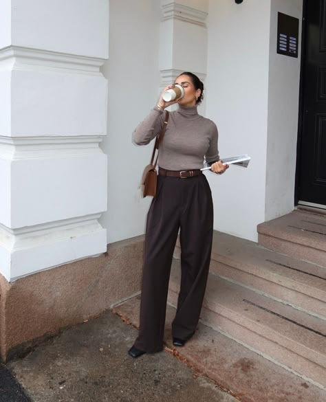 category is: brown fall outfits by @annarasmiaa☕️🤎🍂 ⁠ Dark Brown Flare Pants Outfit, Brown Pant Work Outfit, Brown Trousers Outfit Winter, Winter Office Outfits Women Midsize, Dress Pants Winter Outfit, Chocolate Brown Trousers Outfit Women, Dark Brown Dress Pants Outfit, Dark Brown Wide Leg Pants Outfit, Monochromatic Outfit Aesthetic Brown