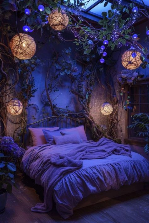 Fairytale Bedroom Decor, Purple And Green Bedroom Decor, Purple Fairy Room, Magical Bedroom Ideas For Adults, Purple And Green Room, Forest Room Aesthetic, Purple And Green Bedroom, Magic Bedroom, Enchanted Forest Room