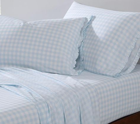 Amazon.com: Shabby Chic® - Full Sheets, Soft & Breathable Organic Cotton Bedding Set, Classic Style Home Decor with Ruffled Pillowcases (Gingham Blue, Full) : Home & Kitchen Light Blue Quilt Bedding, Grand Millennial Bed, Bedding For Blue Room, Loveshackfancy Inspired Bedroom, Preppy Southern Bedroom, Blue Striped Sheets, Blue And White Floral Bedroom, Blue Gingham Bedding, Cute Sheets Bed