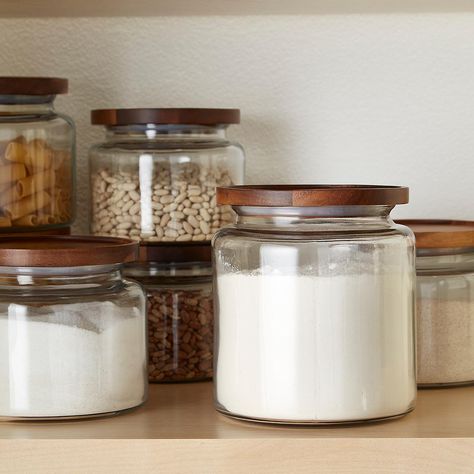 Cute glass food safe containers with wooden lids - perfect for baking supplies! Pantry Decor, Pantry Room, Pantry Remodel, Organization Pantry, Kitchen Organization Pantry, Kitchen Jars, Countertop Storage, Kitchen Pantry Design, Glass Jars With Lids