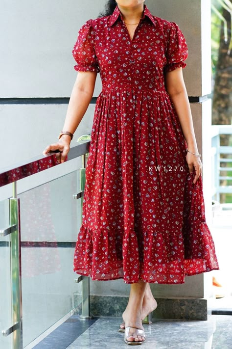 Long Frocks With Collar Neck, Collar Neck Long Frock Designs, Dress Frocks For Women, New Western Dress Designs, Frock Models Short, Womens Frocks Dresses, Collar Frock Designs, Regular Wear Dresses For Women, Frocks With Collar Neck