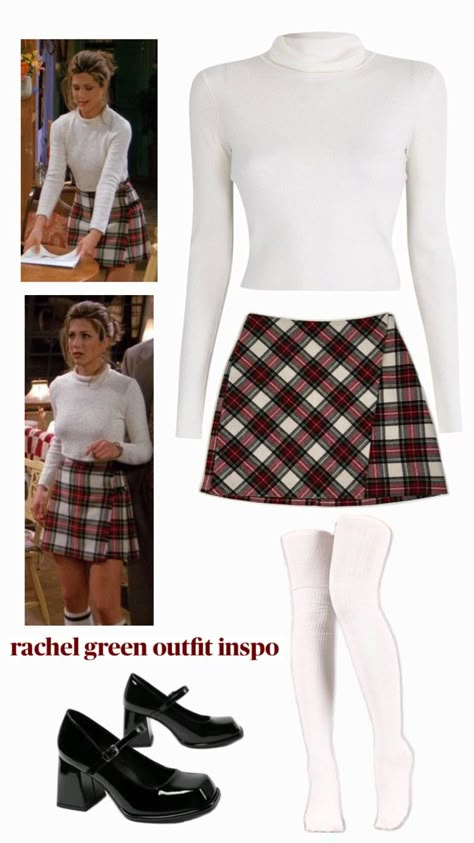 rachel green fit, friends, cheque skirt Friends Rachel Outfits Dresses, Friends Rachel Winter Outfits, 90s Fashion Friends Rachel Green, Rachel Green White Outfit, Rachel Green Best Looks, Rachel Friends Fashion, Rachel Green Plaid Skirt, Rachel's Outfits Friends, Rachel Green Fashion Outfits